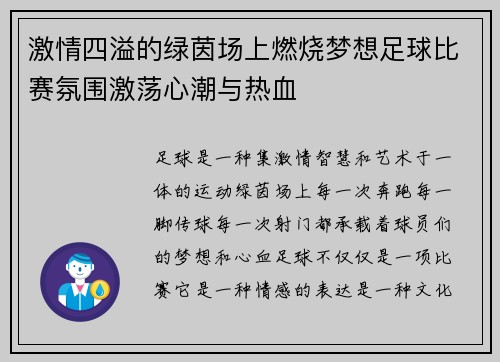 激情四溢的绿茵场上燃烧梦想足球比赛氛围激荡心潮与热血