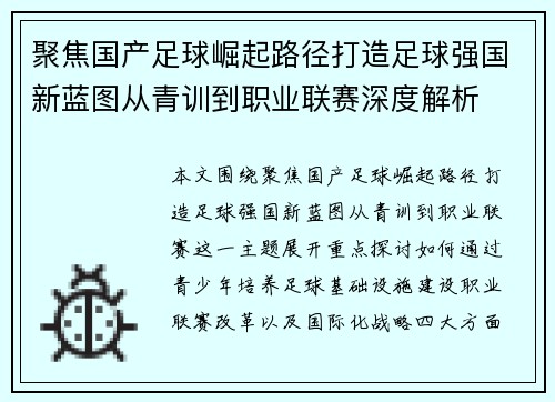 聚焦国产足球崛起路径打造足球强国新蓝图从青训到职业联赛深度解析